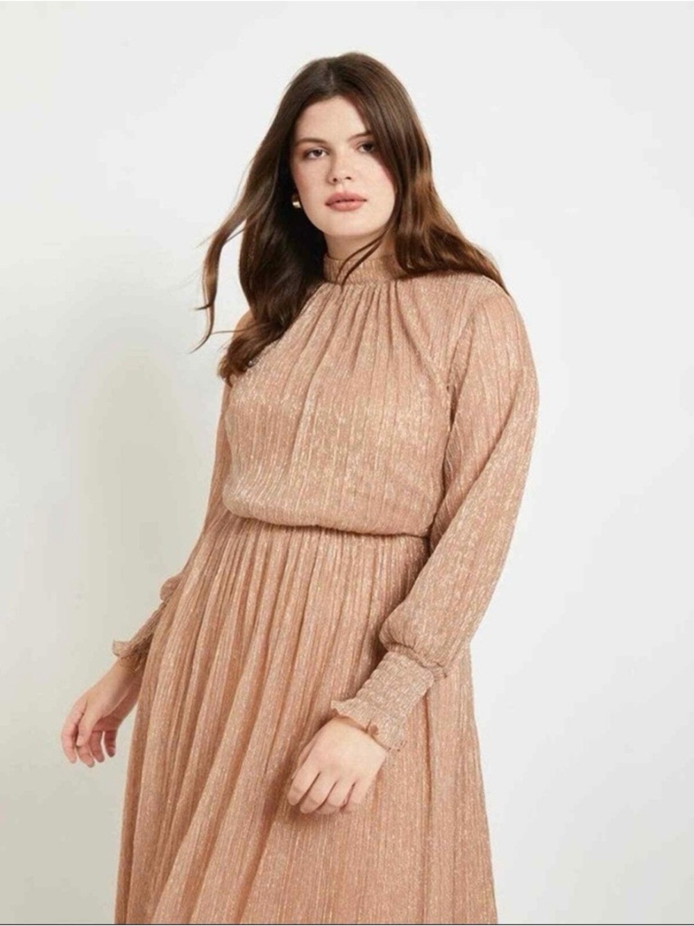 Eloquii Puff Sleeve Gathered Maxi Waist Dress in Shimmer Rose Gold - Sz 16